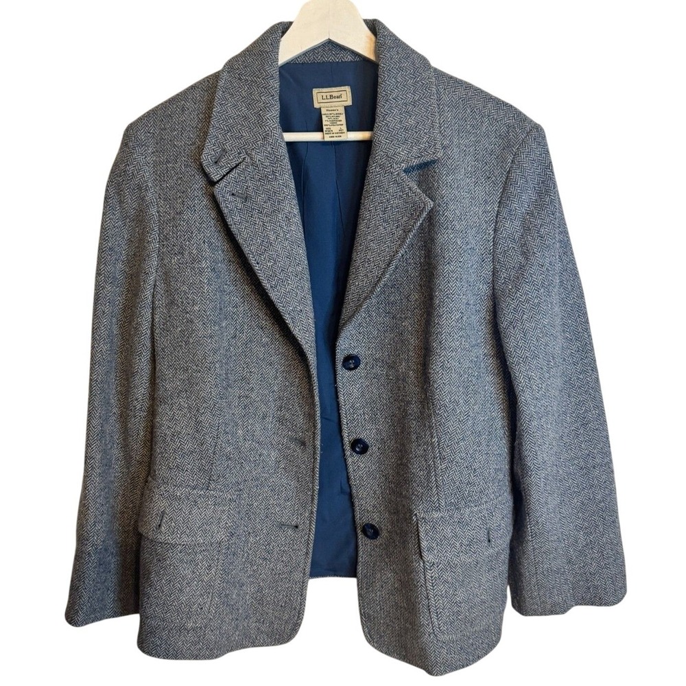 L.L. Bean Blazer Herringbone Wool Silk Large Petite Blue Grey Womens‎ Jacket